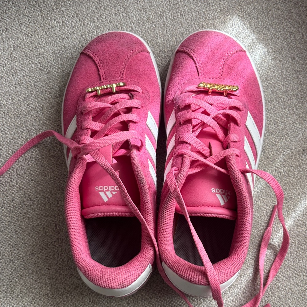 adidas Pink Suede Low-Top Sneakers with White Stripes